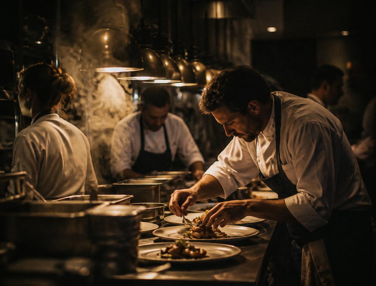 Cooks plating dishes on a busy kitchen line