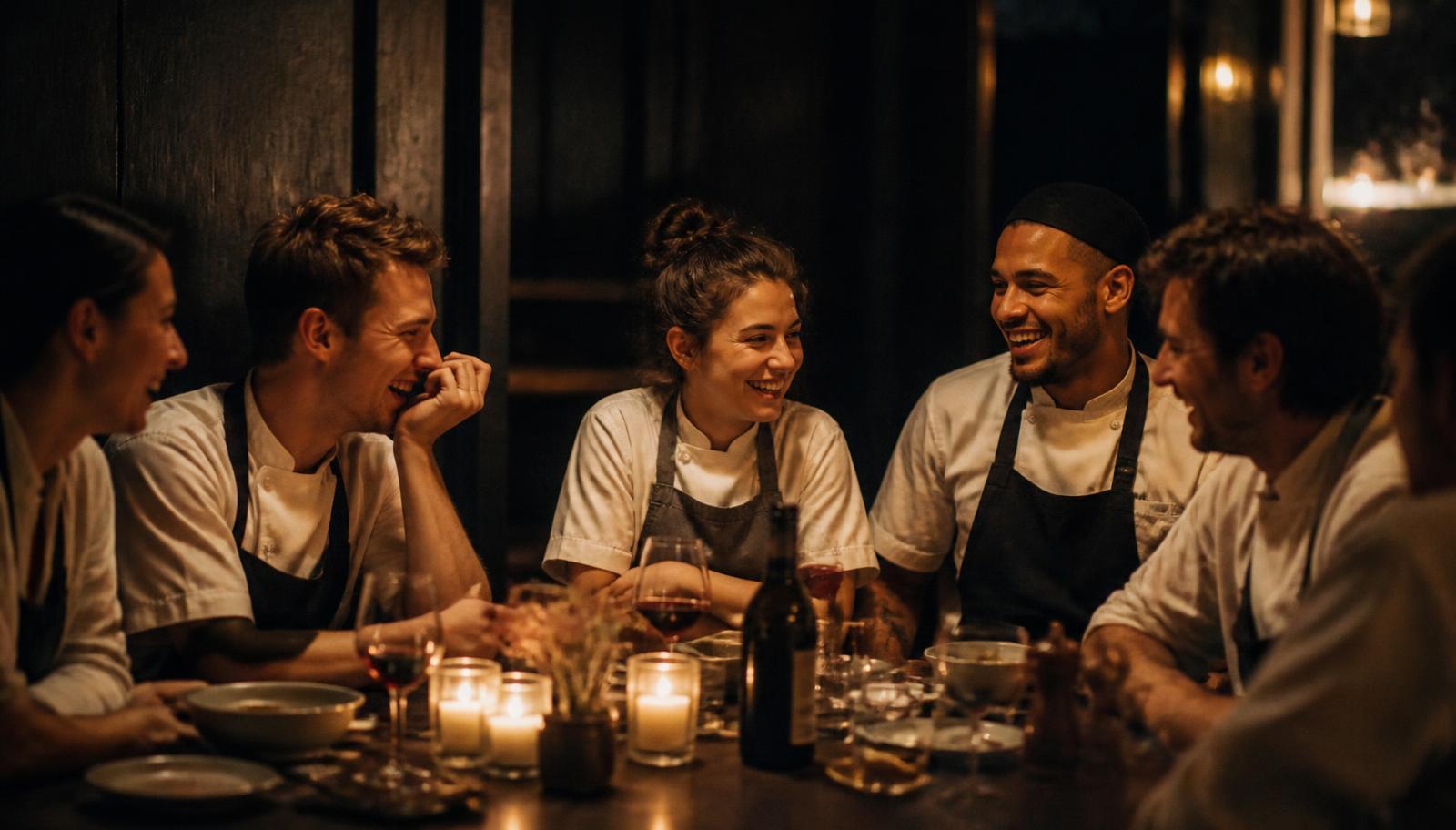 Restaurant and bar staff talking together after service